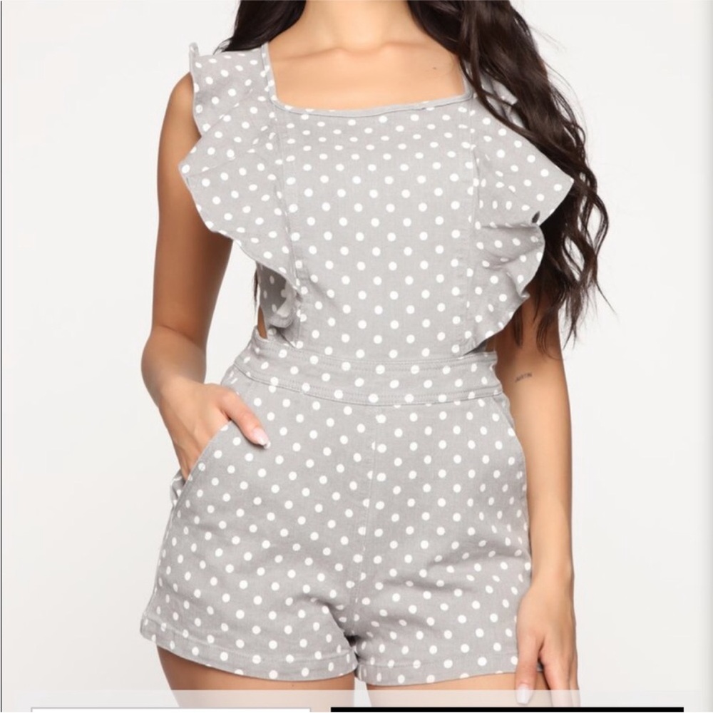 Gray Polka Dot Ruffle Romper